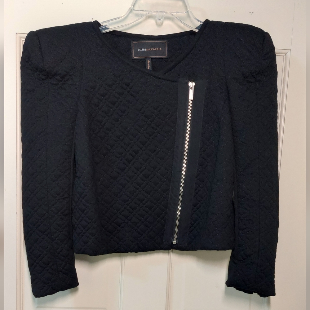 BCBGMaxAzria Black Quilted Crop Jacket with Diagonal Zipper, Size S
